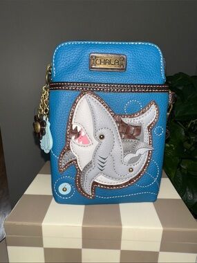 Chala Blue Shark Applique Crossbody Bag with Brown Trim 🦈 NWOT